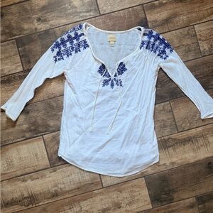 G.H. Bass & Co. White Blouse with Blue Embroidery